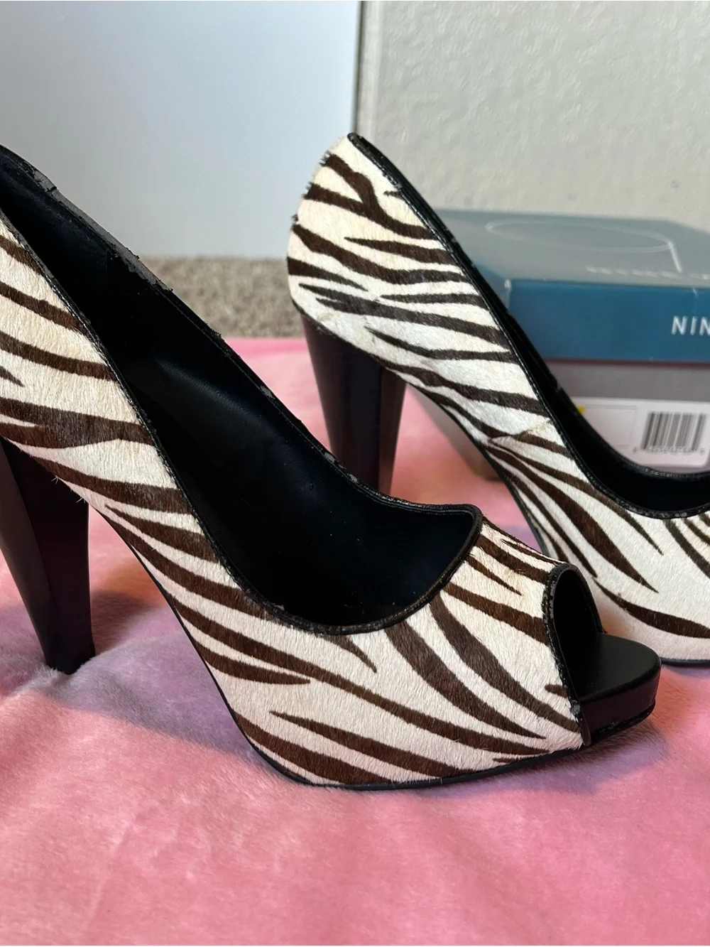 Nine West Vintage Zebra Pony Hair Peep-Toe Heels - Brown/Black/White